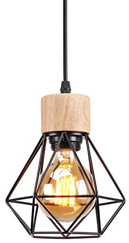 TOKIUS Lámpara Colgante Vintage 16CM Retro Lámparas de Techo Diseño de Jaula Negro Luz Colgante en Hierro Madera E27 Iluminación de Techo de Interior para Pasillo Comedor Dormitorio (Colgante 1 Luz)