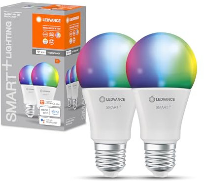 LEDVANCE Lampe LED intelligente avec technologie WiFi, E27-base, optique dépolie,Couleurs RGBW modifiables, couleur de lumière modifiable (2700K-6500K), 806 Lumen,Remplacement de 60W-Ampoules 2-Pack