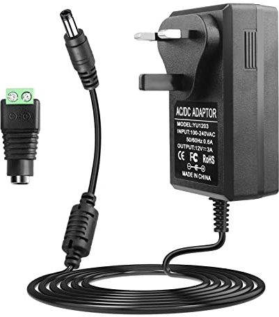 LeTaoXing 12V 3A Power Supply UK Adapter 36W AC 100-240V to DC 12 Volt Converter 3 Amp Transformers 5.5mm x 2.5mm Wall Plug 2.5A 2.7A for CCTV Cameras LED Light Strip DVR NVR