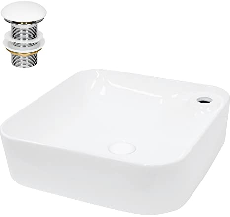 ECD Germany Lavabo Carré en Céramique, 435x435x125 mm, Blanc, avec Garniture de Vidage 1 1/4, pour Lavabo sans Trop-Plein, Vasque à Poser, Évier Moderne, Lave-Mains, Cuvette, Salle de Bain Toilette