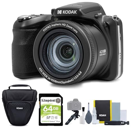 Kodak PIXPRO AZ425 Astro Zoom 20MP Digital Camera with 42X Optical Zoom (Black) Bundle with 64GB SD Card and Accessory Kit (3 Items)