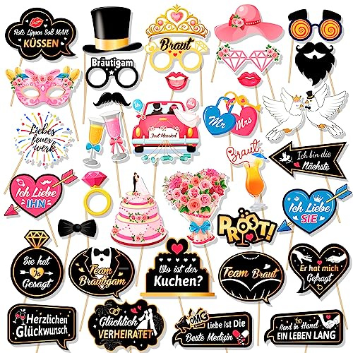 DPKOW 36pcs Deutsch Hochzeit Foto Requisiten Accessoires, Lustiges Fotobox für Hochzeit Partyfotoautomat Zubehör Hochzeitsfeier Gastgeschenke Photo Booth Props