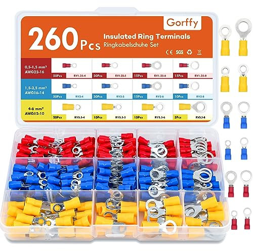 Gorffy Ring Terminals, 260PCS Electrical Crimp Connectors, AWG22-10 Crimp Terminals, Insulated Wiring Connectors, Ring Electrical Wire Connectors for Wiring