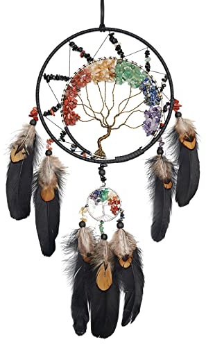 7 Chakren Lebensbaum Traumfänger Wanddekoration mit Regenbogen Heilung Kristall Stein Handgemachte Kunst Schwarzer Feder Traumfänger Wand hängende Ornament für Schlafzimmer Dekor Segen Geschenk