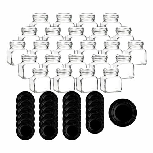 gouveo 24er Set Einmachgläser/Vorratsgläser 120 ml (0,12 l) Einmachglas 120 ml eckig schwarzer Twist-Off Schraubdeckel TO 53, kleine Gläser für Marmelade, Gelee, Chutney, Gewürze, Dessert (EGE120SZ)