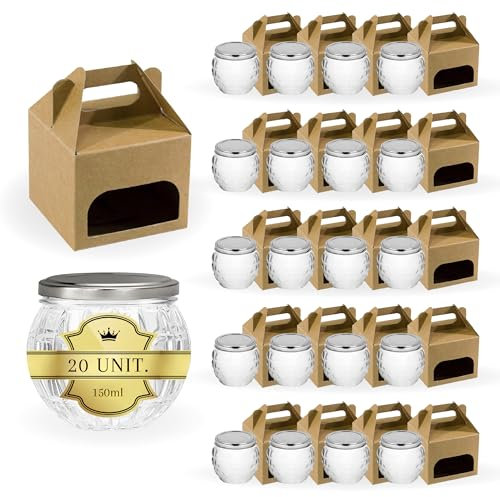 20 barattoli in vetro formato melograno 150 ml con coperchio argentato + scatole | ideali per marmellate, conserve, miele | bicchiere da cocktail