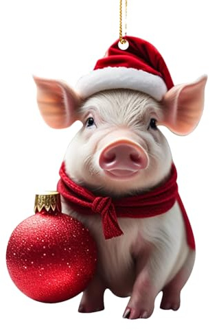 Dubbulon Weihnachtsschmuck Schwein Mit Ball – Christbaumschmuck | Lustiger 2D-Acryl-Cartoon-Schwein-Baumschmuck | Bauernhaus-Weihnachtsdekoration