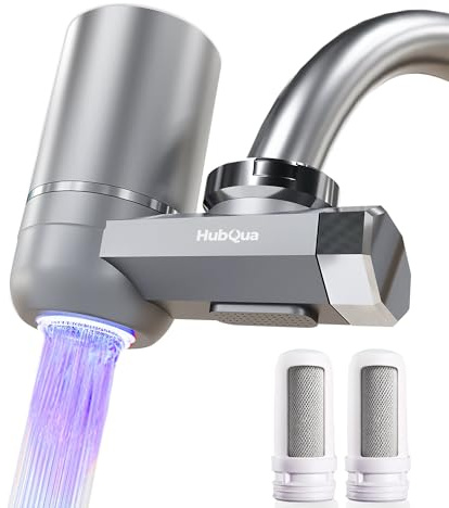 HubQua EcoUV - Wasserfilter für Wasserhahn mit Patentierter UV-Technologie, 2 Doppelwirkenden Filtern (Aktivkohle + Keramik), Beseitigt Mikroorganismen, Chlor, Kalk und Verunreinigungen