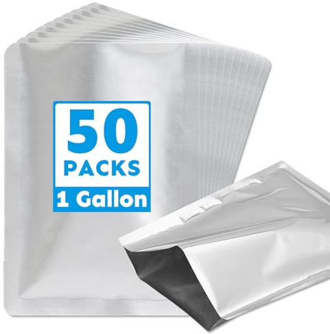 Cloudslucky Mylar-påsar 1 gallon 50 st 35 x 25 cm 10 mm tjocka för matförvaring med syreabsorberare och etiketter vakuumförseglare värmeförsegling matkvalitet och långsiktig, livsmedelsgodkända