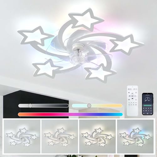YFHKWJ Moderner Weißer Star Deckenventilator Mit Licht Und Fernbedienung Schlafzimmer Kinder RGB Licht Mit Ventilator 6 Geschwindigkeiten Reversible Leise DC Motor Für Wohnzimmer Kinderzimmer