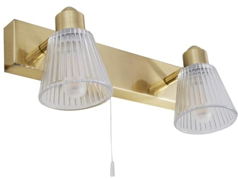 Britalia Satin Brass & Clear Ribbed Glass Bathroom Vintage 2 Lamp Switched Bar Wall Light | 28cm Wide | IP44 Rating | 2 x G9 Lamp Bulbs Required | 240V UK | Pull Cord Switch | Mirror Lighting