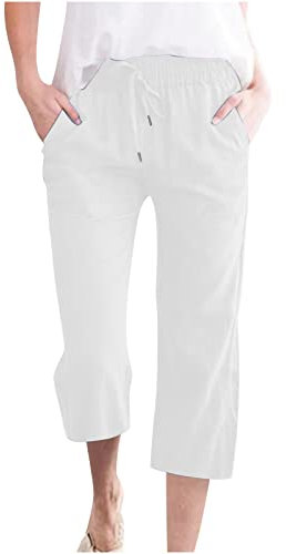 EMATOP Sommer 3/4 Hose Damen Leinen Baumwolle Stoffhose Leicht Atmungsaktiv Yogahose Einfarbig Lässig Leinenhose Weites Bein Hosen mit Taschen Sommerhose Weich Bequem Sporthose für Frauen