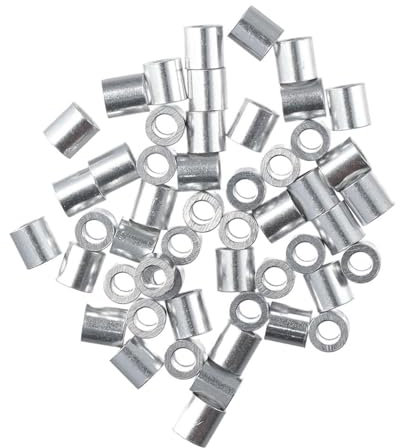 MAYyhem 50 Stück 4 mm Drahtseil-Anschlaghülse, Aluminium, silberfarbenes Loch, Aluminiumhülse, rund, rund, Kabelhülse, Schlaufenkabel