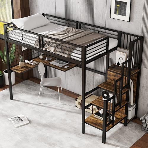 Dolamaní Hochbett Erwachsene 90x200 cm, mit Schreibtisch und Schrank und Regal-Treppe mit Handlauf, Metallbett Kleine quadratische Netzstreifen an den Seiten (Schwarz+Dunkle)