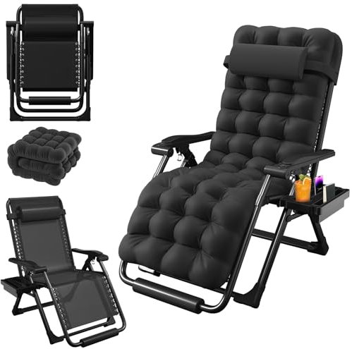 YUMBOT Sonnenliege Liegestuhl Klappbar, Ergonomisches Polster Extra Breit Verstellbare Rückenlehne Gartenliege Inkl, Nackenkissen & Getränkehalter,Faltbar & Leicht zu Verstauen,Belastbar 200kg,Schwarz