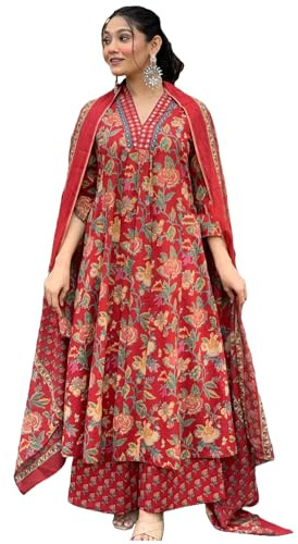 GoSriKi Kurta Anarkali en viscose pour femme avec palazzo et dupatta, Rouge, 50