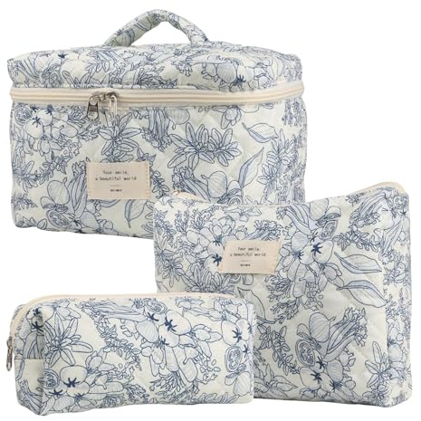 3 Stück Kosmetiktasche Damen Make Up Tasche, Gesteppte Kulturtasche Schminktasche Cosmetic Bag Mit Blumenmuster, Frisch Blumig, Tragbares Handheld, Ordentlich Und Ordentlich