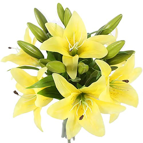 Lot de 6 fleurs artificielles jaunes de lys tigré au toucher réaliste, arrangements floraux printaniers, fausses fleurs de lys for décoration de mariage, de maison, de fête, de bureau (n° 160)