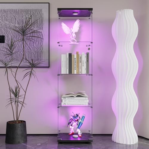 YLSZHYR Vitrine aus Glas, Vitrine aus Glas, für Sammlung mit LED, 164 x 42,5 x 36,5 cm, für Wohnzimmer, transparent, Glasschrank für Wohnzimmer (1 Tür mit 4 Etagen + Lichter, schwarz)