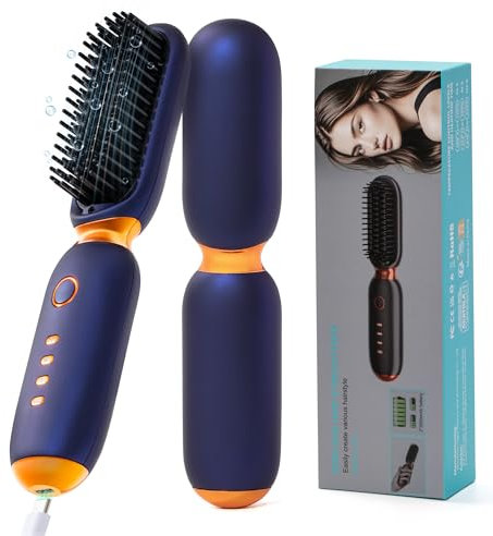 Cordless Hair Straightener Brush, Smofrees Portable Hair Straightener Brush for Travel, Mini & Lightweight Hot Comb Straightener for Women, Blue