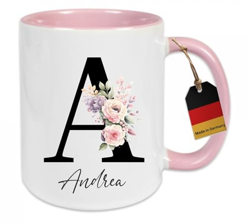 HD PRINT4YOU Personalisierte Tasse - Namens-Tasse mit Blumen Motiv - mit Ihrem Anfangsbuchstaben Tasse personalisiert - Geburtstag - Muttertag - beidseitig bedruckt - Geschenke für Frauen
