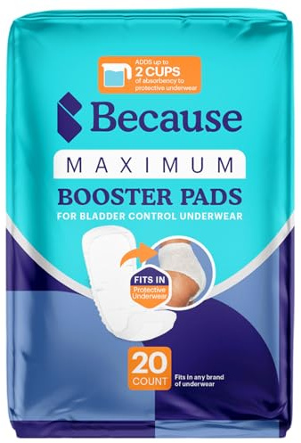 Because Maximum Incontinence Booster Pads, Adult Diaper Doubler Adds 2 Cups of Extra Absorbency, Discreet, Soft Leak Protection for Men & Women, Fits Inside Disposable Underwear, 20 Count
