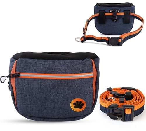 WEEVDRIE Leckerlitasche für Hunde,Leckerlibeutel für Hunde,Futterbeutel Hundetraining,Leckerlitasche Snacktasche Hunde,Futterbeutel als Bauchtasche,mit 2 Taschen,Kotbeutelspender,Hüftgurt (Blau)