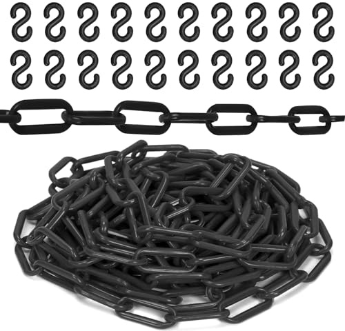 Keadic Schwarze Kunststoff-Barrierenkette, Kunststoff-Kettenverbindungen mit 20 Stück S-Haken, 16,4 Fuß Sicherheit Sicherheitskette Crowd Control Barrieren Kunststoffkette für Warteschlangen Parkzäune