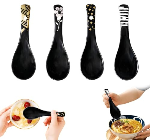 Asiatische Suppenlöffel,Tianher 4 Stücke Retro Muster Ramen Löffel Keramik Chinesische Suppenlöffel für Ramen Pho Wonton Knödel Miso