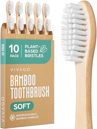 VIVAGO Plant-Based Soft Bristles Bamboo Toothbrushes - 10 Pack, BPA-Free, Eco-Friendly, Compostable & Biodegradable Natural Wooden Toothbrush for Adults