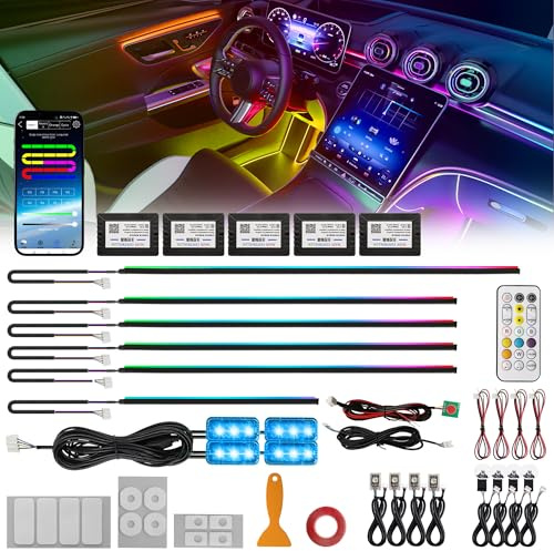 Defvnsy Auto LED Innenbeleuchtung Kit, 18 in 1 RGB Ambientebeleuchtung Auto, 12V Acryl Faseroptikstreifen Bunte LED-Ambiente-Beleuchtung, APP-Steuerung, Universelle Innenbeleuchtung Neonbeleuchtung