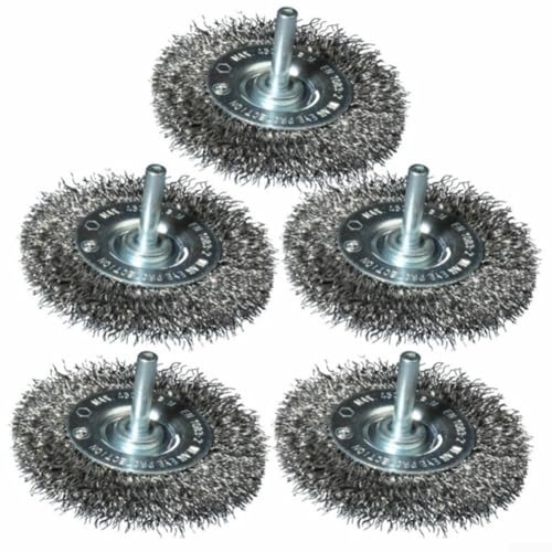 5 cepillos de alambre fino de acero inoxidable con mandril de 75 mm, discos de alambre de 0,3 mm, para taladrar la máquina, para eliminar el óxido, descalcificar, desbastar y limpiar