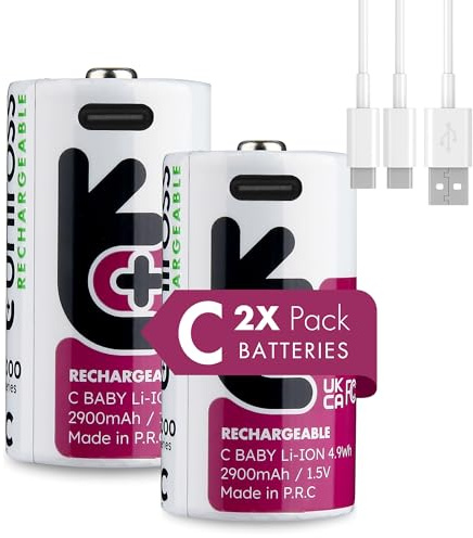 Lot de 2 Piles Rechargeables avec câble USB-C 2 en 1 1,5 V 3000 mAh/ 4995 mWh Pile Lithium LR14 R14 HR14 Baby +1 000 Cycles de Charge Uniross Haute qualité et Longue durée pour Lampe Torches Radio