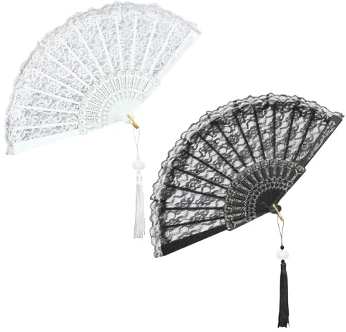 Qusmeiyici 2 PACK Foldable Lace Fans with Tassel Charm, Handheld Chinese Folding Fan Embroidered Lace Flower Hand Fans for Wedding Party
