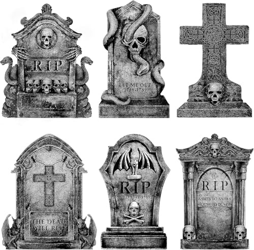 Bayuyi Pierres Tombales Halloween 43 cm Lot de 6 – Décoration Extérieure Cimetière Effet Pierre Réaliste Recto Verso avec Piquets, pour Jardin, Pelouse, Cour, Allée et Fête à Thème Hantée
