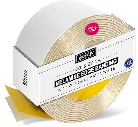WoodPress® 50mm Matt White Peel & Stick Edging Tape - 7.5m Self-Adhesive Melamine Trim - Veneer Strip w/Sticky Backing - Easy DIY Fix (No Iron On) Edge Banding for Repair to Worktop, Shelf, Cabinet