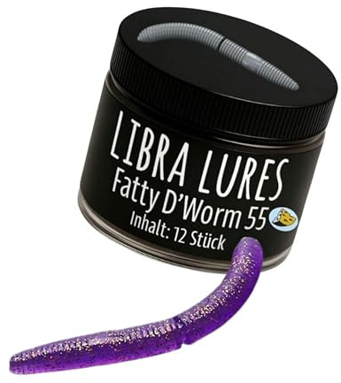 Libra Lures Fatty D`Worm Tournament 55mm Forellenköder Supersoft | 12 Stück | Aroma: Käse | Farbe: 020/ Purple with Glitter | Gummiköder Neuheiten | Erfolgreicher Forellen Angeln mit dem Fatty