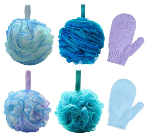 DOINEUFL Loofah Exfoliating Gloves Set, 75g Shower Body Puff and 2pcs Exfoliating Mitt, 4pcs Colorful Bath Shower Scrunchie Loofahs, Loofah Sponge Shower Gloves for Adults Deep Cleaning Body