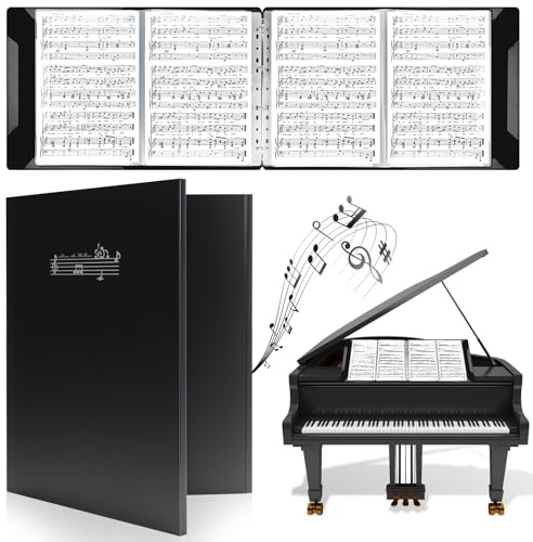 HIMOMO Cartella per Spartiti A4 a 4 Pagine, Espandibile, 15 Tasche/60 Pagine, Cartella Musicale Impermeabile per Coro, Nera, per Spartiti, Disegni e Documenti, 210 x 297 mm