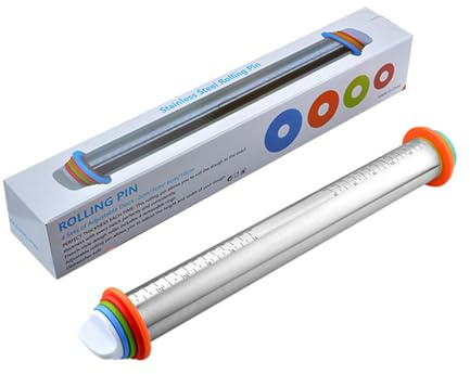 CTForest Rouleau a Patisserie en Acier Inoxydable Reglable, Avec 4 Anneaux Réglables, pour Pizza, Pâte, Biscuit, Fondant