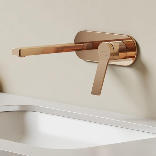 EMKE Waschtischarmatur für Wandmontage, Unterputz Wasserhahn Bad, Mischbatterie Waschbecken wassersparend, Badarmatur mit Auslauflänge 210 mm, Armatur mit Temperaturregulierung, Rosengold