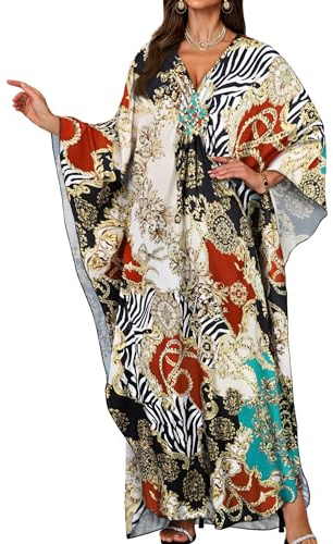 florynova Kaftan Dresses for Women Ladies Swimwear V Neck Kaftans Summer Beach Cover Up Boho Maxi Dress(Blue Red Chain)
