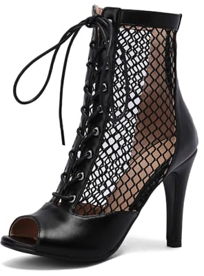 Uonpie Peep Toe Stivali 10cm Tacco in Scamosciata a Rete Scarpe da Ballo Latino Salsa Tango Bachata,Nero L,42EU
