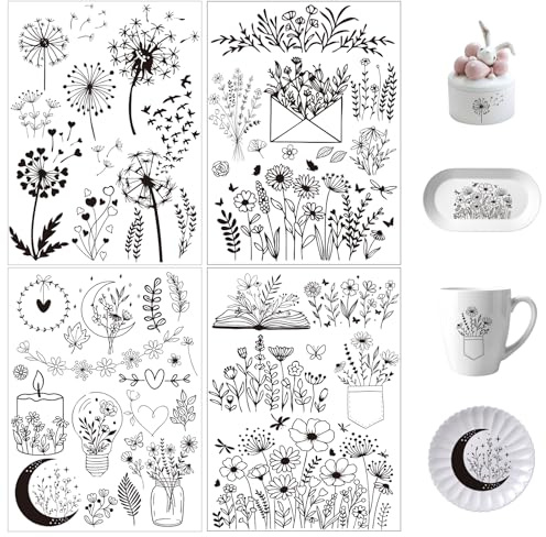 4 Blatt Rub On Sticker Schwarze Blumen Transferaufkleber Selbstklebend Pusteblume Rub On Folie Frühling Aufkleber Scrapbooking Sticker Dekoration für DIY Glas Holz Möbel Keramik