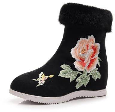 Stivaletti da Donna con Fodera in Peluche E Ricamo A Forma di Peonia Scarpe Corti in Stile Tradizionale Cinese Hanfu Stivali da Neve Caldi Invernali con Zeppa Nascosta(Black,37 EU)