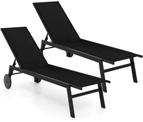 COSTWAY 2er Set Sonnenliege mit Rollen, Gartenliege mit Verstellbarer Rückenlehne und schnelltrocknendem Stoff, Rollliege bis 150kg belastbar, Liegestuhl für Garten, Balkon, Terrasse (Schwarz)