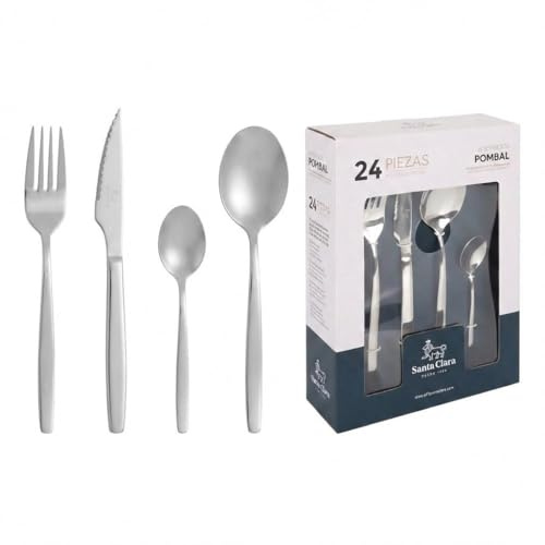 SANTA CLARA | Cubertería completa 24 piezas de acero inoxidable brillo, juego de cubiertos con cuchillo, tenedor, cuchara y cucharilla de postre, servicio completo para 6 personas, modelo Pombal