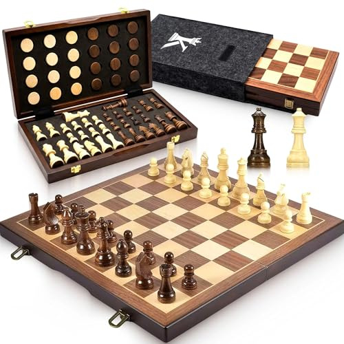 Kortelex Ajedrez Magnético de Madera Plegable – Tablero Ajedrez y Damas con Piezas Magnéticas, 2 Reinas Extra, Tablero Grande 39x39 cm, Regalo para Adultos y Niños