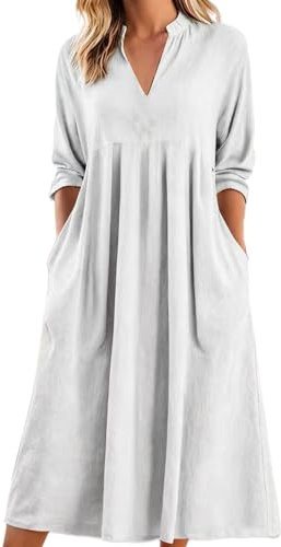 Robe longue d'été pour femme en lin de couleur unie avec manches trois quarts et plis en mélange de coton - Robe mi-longue pour femme - Tenue de fête patineuse pour cocktail, sortie, soirée, mariage