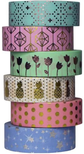 UOOOM 6 Rolles Washi Tape Set Dekoratives Klebeband 15mm x10m (Design 9061) | Rose/Gold/Kupfer/Silber Foliendruck Papier Tape DIY Scrapbooking Deko Basteln, 15mm Breite Jede Rolle ist 10m lang, 6 Designs